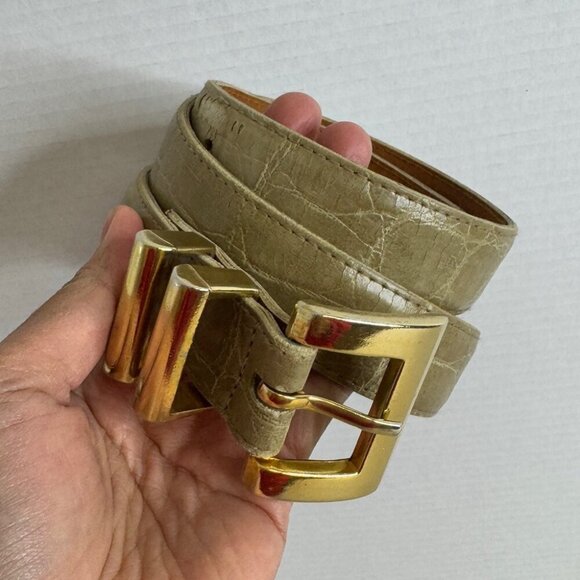 Vintage Genuine Leather Belt Beige Snakeskin textured Chunky Gold Buckle Size L - Picture 12 of 12